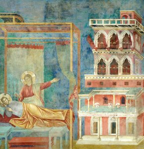 武器がいっぱいの宮殿の聖フランシスの夢、1297-99 作： Giotto di Bondone